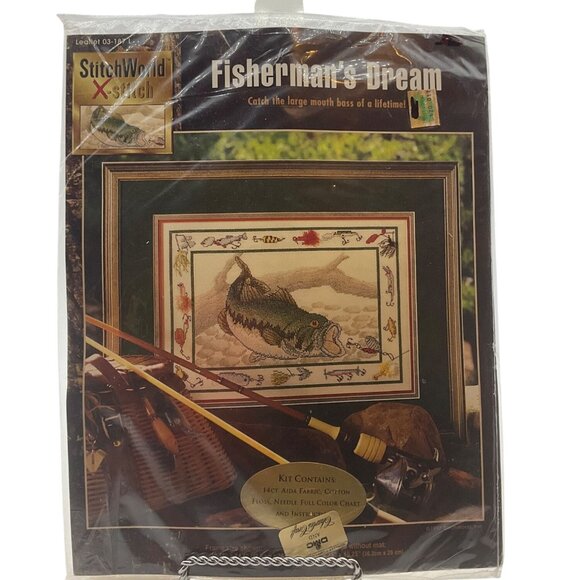 VTG 90's Charles Craft Fishermans Dream Large Mouth Bass Cross-Stitch Kit - Picture 1 of 10
